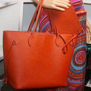LOUIS VUITTON ORANGE EPI NEVERFULL MM W/POCHETTE RETAIL $2090 100% AUTHENTIC